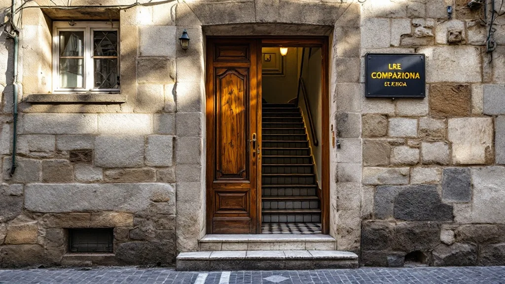 Portal de un edificio antiguo del Casco Histórico de Zaragoza con la puerta abierta a la escalera