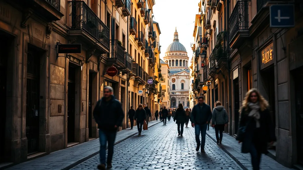 Calle empedrada del Casco Histórico de Zaragoza bajando hacia la basílica del Pilar