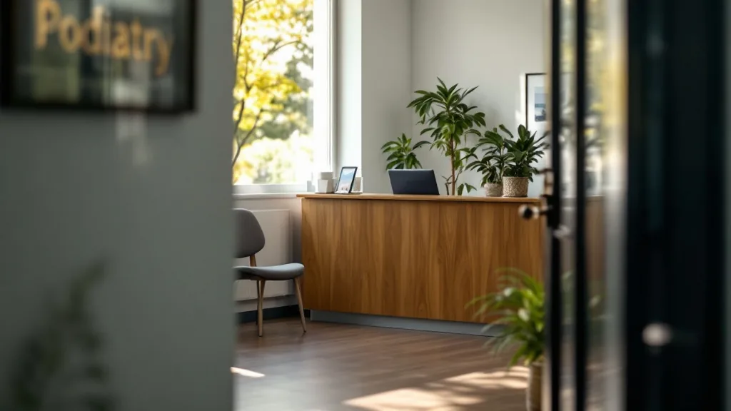 Recepción tranquila de una consulta de podología, con luz de mañana
