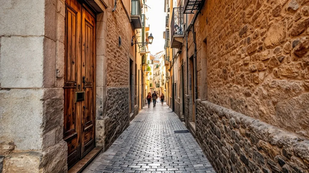 Portal de una calle empedrada del Casco Histórico de Zaragoza